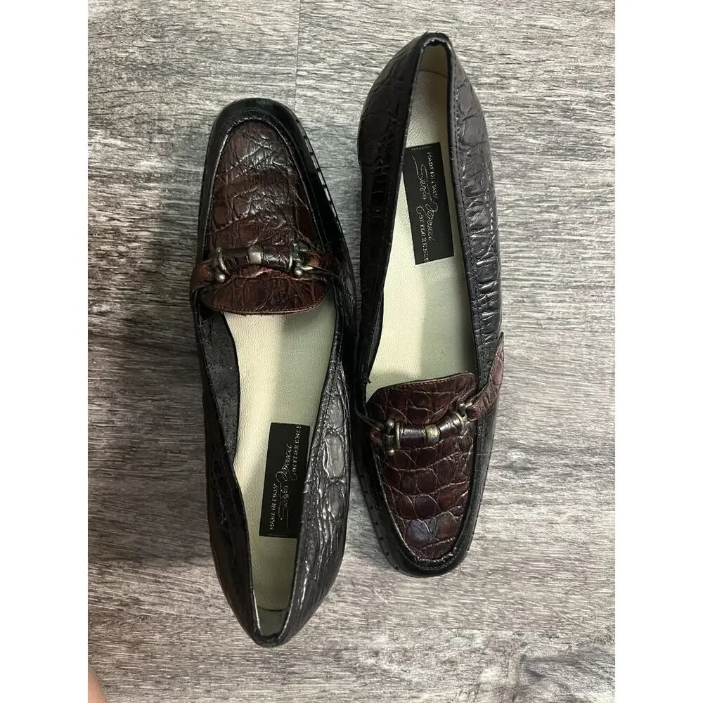 Womens Size 8N Sesto Meucci of Florence Brown Leather Croc-Embossed Slim Loafers